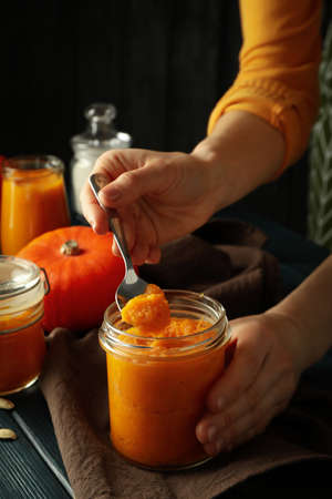 Concept of tasty food with pumpkin jamの写真素材