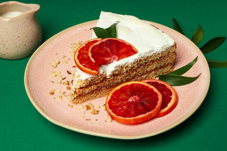 Concept of tasty dessert with meringue pie with citrus, closeup