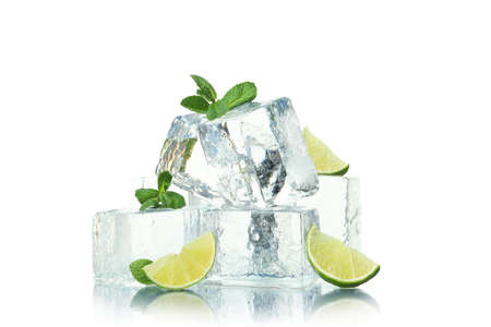 Ice, mint and lime isolated on white backgroundの写真素材