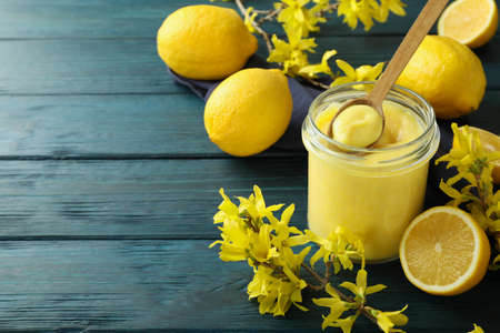 Concept of tasty food, lemon curd, space for textの写真素材