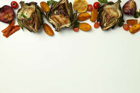 Concept of tasty food, grilled artichoke, space for textの写真素材