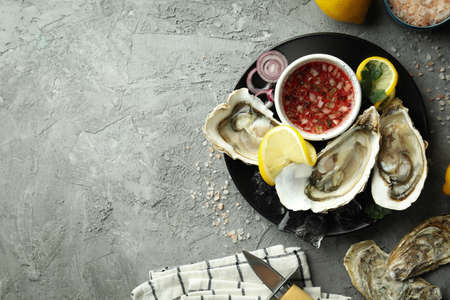 Concept of seafood, oysters, space for textの写真素材