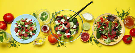 Concept of tasty food, salad with red orange, top view