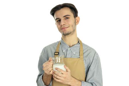 Concept of cooking, young man chef isolated on white backgroundの写真素材