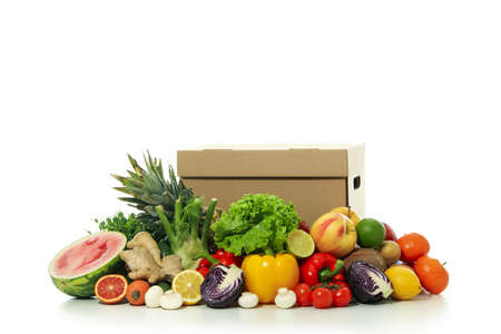 Vegetables, fruits and box isolated on white backgroundの写真素材