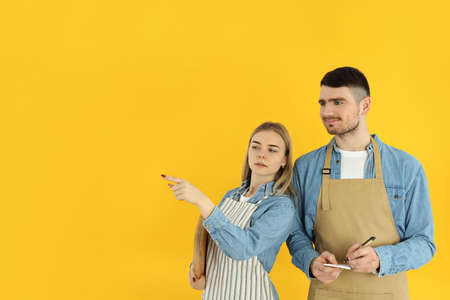 Concept of occupation, waiters on yellow background