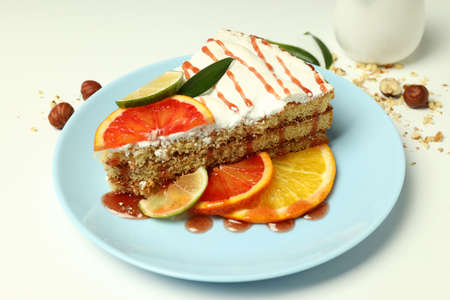 Concept of tasty dessert with meringue pie with citrus, closeup
