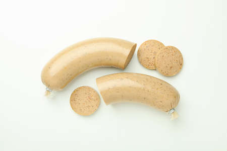 Liverwurst sausage on white background, top view