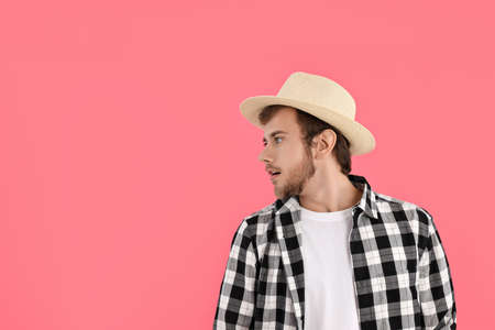 Concept of people, young man on pink backgroundの写真素材