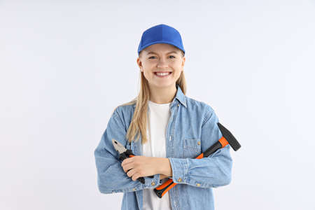 Concept of occupation, young woman on white backgroundの写真素材