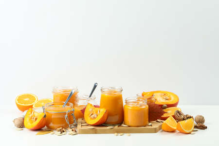 Concept of tasty food, pumpkin jam, space for text