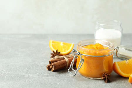 Concept of tasty food, pumpkin jam, space for textの写真素材