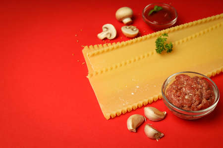 Concept of cooking lasagna, space for textの写真素材