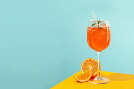 Concept of fresh alcohol drink, Aperol Spritz, space for textの写真素材