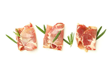 Concept of delicious food with jamon on white backgroundの写真素材