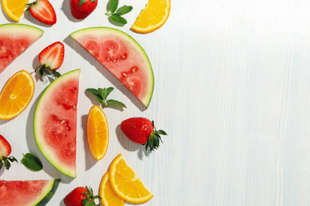 Fresh and juicy fruits on white wooden backgroundの写真素材