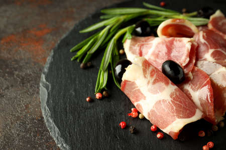 Concept of delicious food with jamon, close upの写真素材