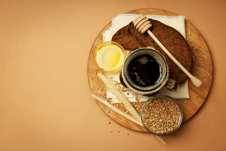 Concept of fresh drink, kvass, space for text