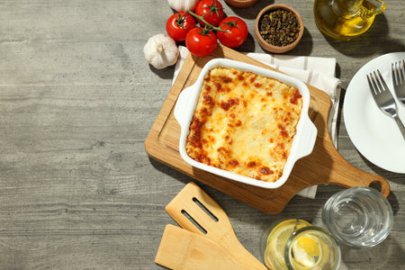 Concept of delicious food, lasagna, space for textの写真素材