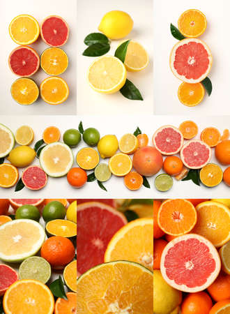 Photo collage of different citrus fruits, concept of fresh fruitsの写真素材
