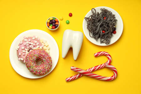 Concept of food bad for teeth, dental care conceptの写真素材