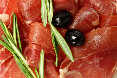 Concept of delicious Spanish cuisine - jamon, close upの写真素材