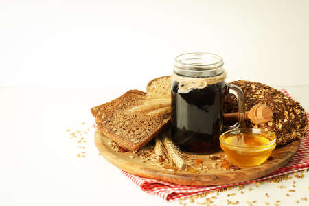 Concept of fresh drink, kvass, space for textの写真素材