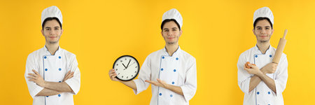 Attractive young man chef on yellow backgroundの写真素材
