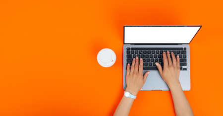 Female hands, laptop and paper cup on orange background