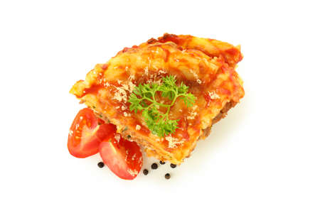 Concept of delicious food, Lasagna isolated on white backgroundの写真素材