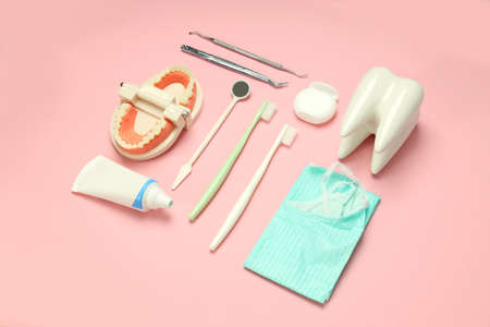 Concept of dental care or tooth care on pink backgroundの写真素材