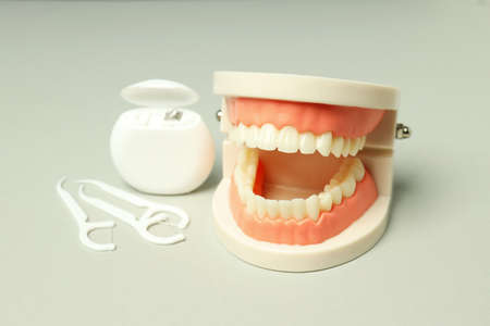 Concept of dental care or tooth care on light gray background