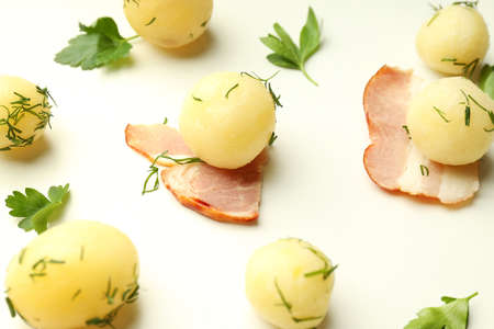 Concept of tasty food with boiled young potatoesの写真素材