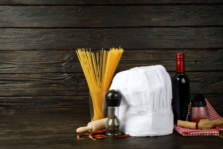 Concept of cooking food with chef hat, space for textの写真素材