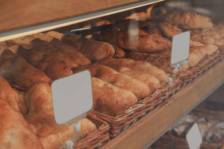 Showcase with bakery with empty price labels