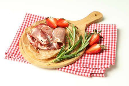Concept of delicious Spanish cuisine - jamon, on white backgroundの写真素材