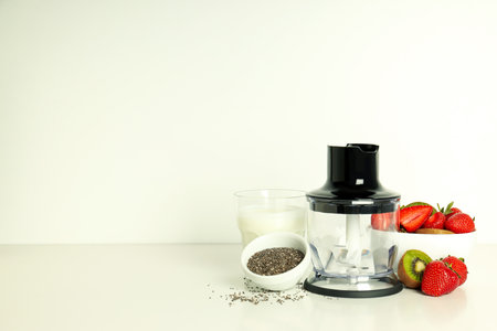 Concept of cooking food with blender, space for textの写真素材