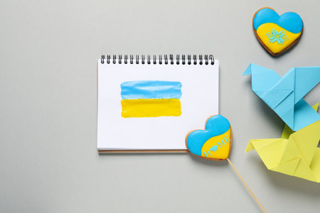 Composition for concept Save Ukraine on light gray background, top viewの写真素材
