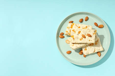Concept of tasty food with nougat, space for textの写真素材
