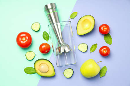 Concept of cooking food with blender, top view