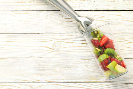 Concept of cooking food with blender, space for textの写真素材