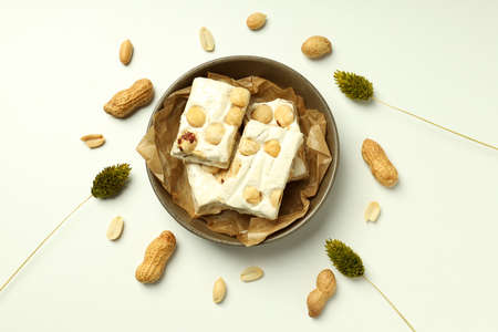 Concept of tasty food with nougat, top view