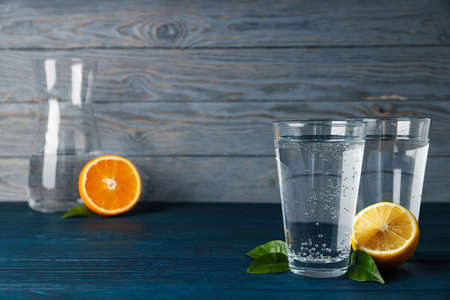 Concept of summer freshness, refreshing water with citrusの写真素材