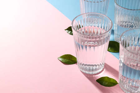 Glasses of water and leaves on two tone backgroundの写真素材