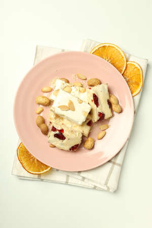 Concept of tasty food with nougat, top view