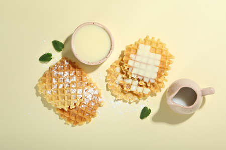 Concept of tasty food with wafers, top viewの写真素材
