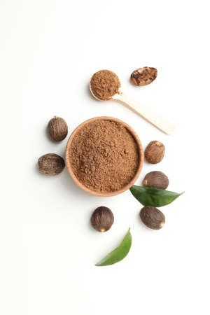 Concept of spices and condiments, nutmegs, top viewの写真素材