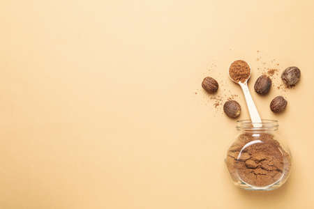 Concept of spices and condiments, nutmeg powder, space for textの写真素材