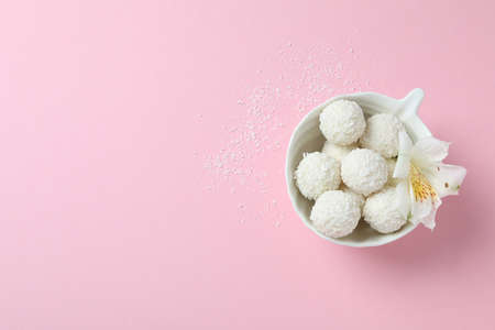 Concept of tasty sweets, coconut candies, space for textの写真素材