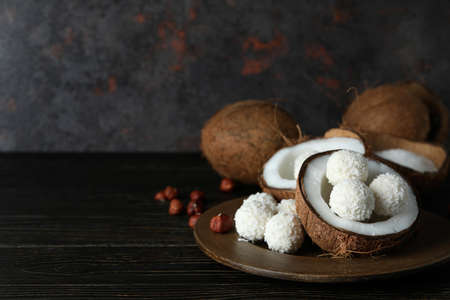 Concept of tasty sweets, coconut candies, space for textの写真素材